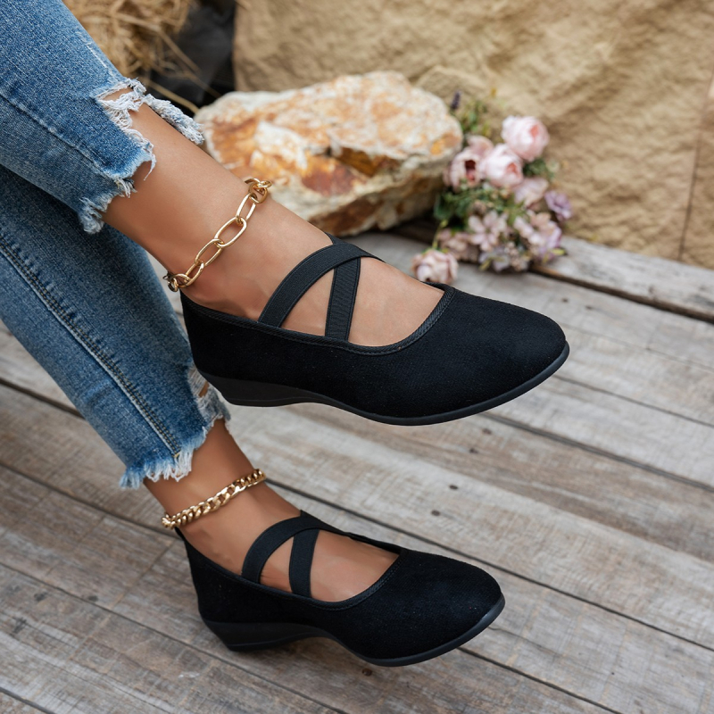 Pantofi damă slip-on din velur, căptușeală respirabilă, închidere cu bandă elastică, talpă PVC, toc tip wedge mic 1–3 cm