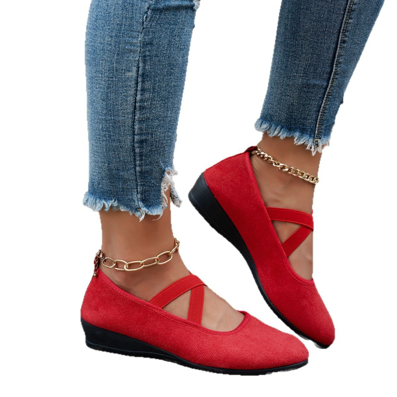 Pantofi damă slip-on din velur, căptușeală respirabilă, închidere cu bandă elastică, talpă PVC, toc tip wedge mic 1–3 cm