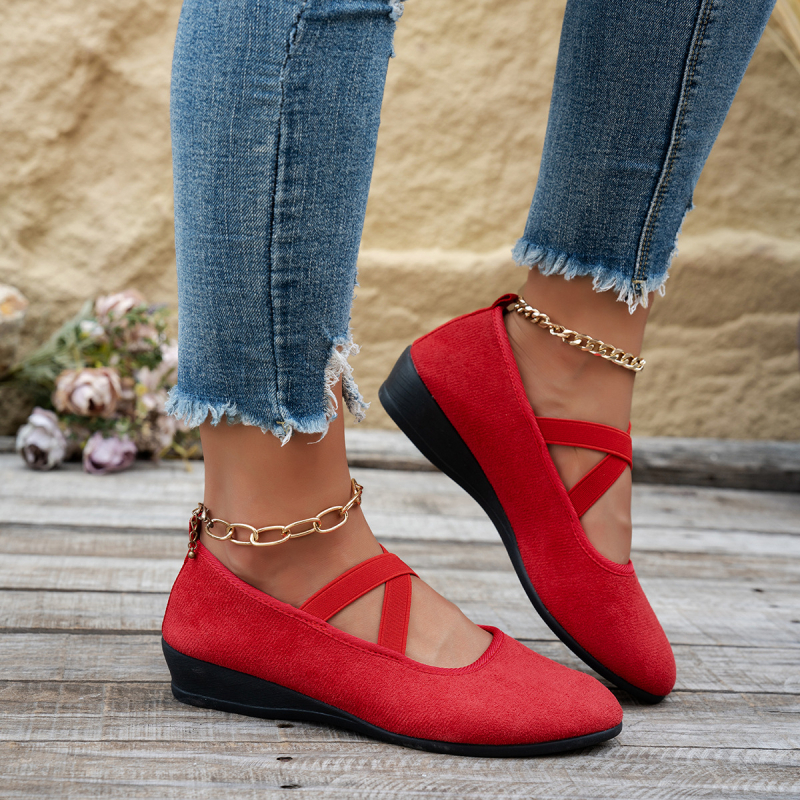 Pantofi damă slip-on din velur, căptușeală respirabilă, închidere cu bandă elastică, talpă PVC, toc tip wedge mic 1–3 cm