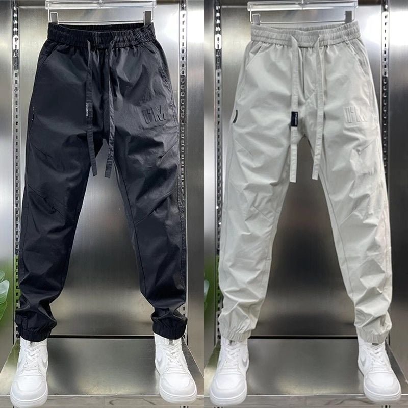 Muške casual hlače jogger - prozračni poliester, Jacquard otisak s slovima, srednji pojas, kratka duljina, uske manžetne