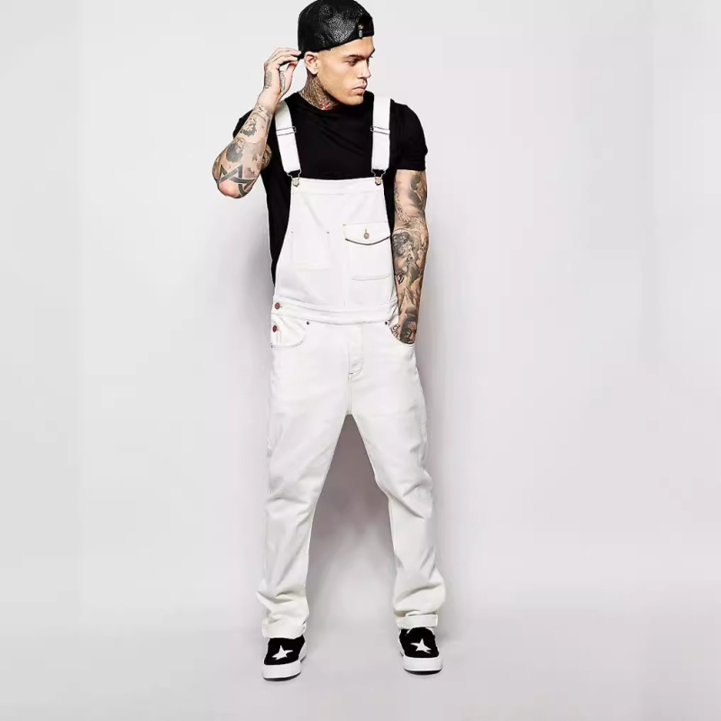 Дънкови панталони с презрамки, свободна кройка, средна талия, закопчаване с връзка, 80% памук