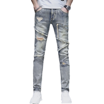 Muške slim-fit traperice od denima s distressed efektom i raw rubom, 90% pamuk, elastičan materijal, srednji pojas, zatvarač, višestruke džepove