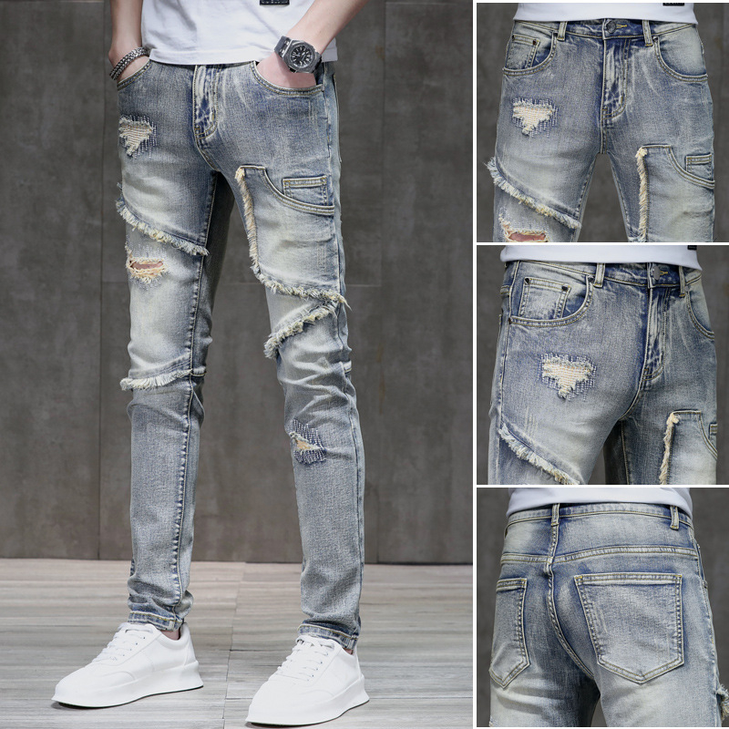 Muške slim-fit traperice od denima s distressed efektom i raw rubom, 90% pamuk, elastičan materijal, srednji pojas, zatvarač, višestruke džepove