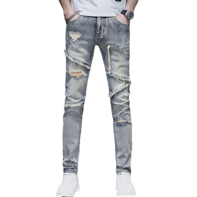 Muške slim-fit traperice od denima s distressed efektom i raw rubom, 90% pamuk, elastičan materijal, srednji pojas, zatvarač, višestruke džepove