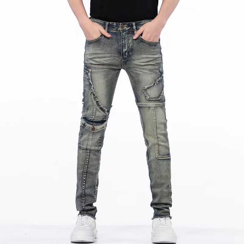 Muške slim-fit traperice od denima s distressed efektom i raw rubom, 90% pamuk, elastičan materijal, srednji pojas, zatvarač, višestruke džepove