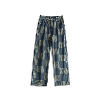 Traperice od denima s jacquard uzorkom kariranog, labav regular kroj, srednji pojas, zatvaranje na gumb, oprane