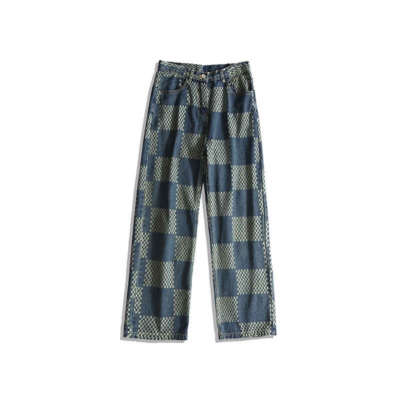 Traperice od denima s jacquard uzorkom kariranog, labav regular kroj, srednji pojas, zatvaranje na gumb, oprane
