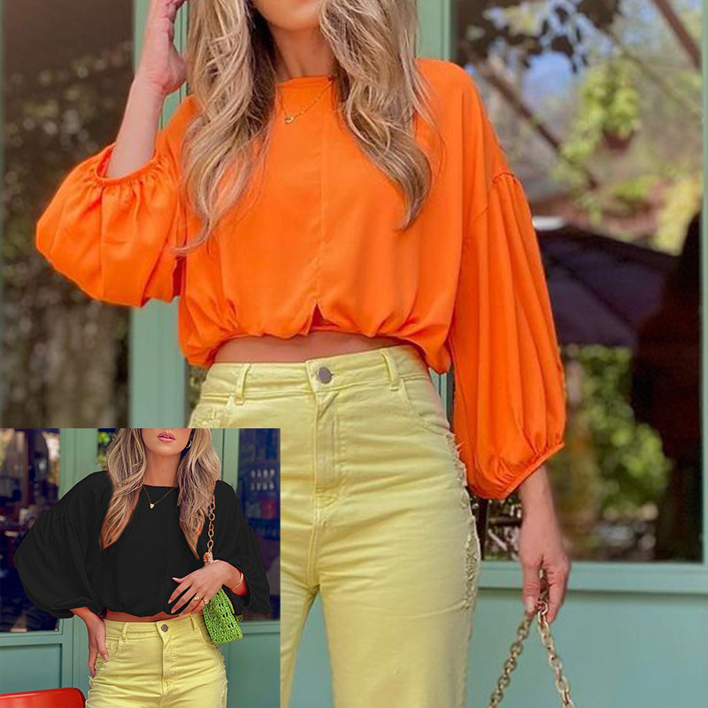 Pulover bluza s dugim rukavima, kratka duljina, okrugli izrez, balon rukavi