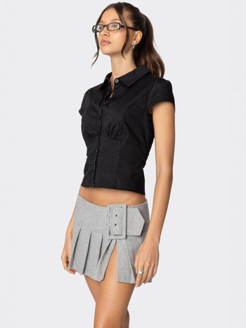 Ženski košuljasti top — pamuk-poliester smjesa; jedinstven uzorak; kratki rukavi; puff rukavi; košuljni ovratnik