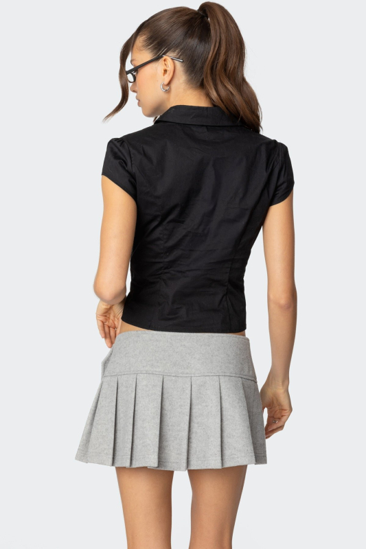 Ženski košuljasti top — pamuk-poliester smjesa; jedinstven uzorak; kratki rukavi; puff rukavi; košuljni ovratnik