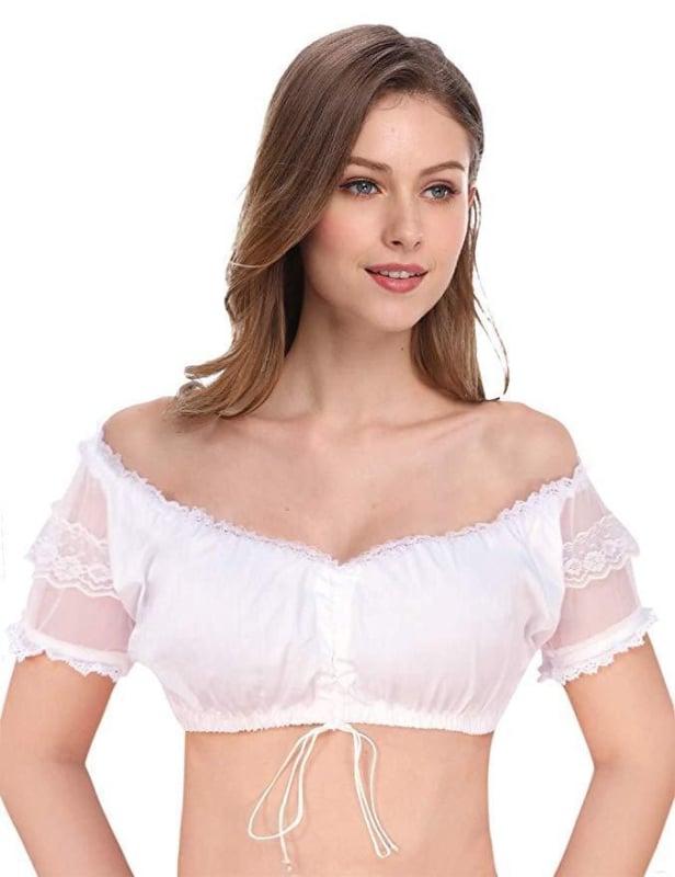 Dirndl-inspirirana košula, pamuk-poliester mješavina, kratki rukav, princu stilu rukav, pastoralni stil, sadržaj pamuka 90–95%