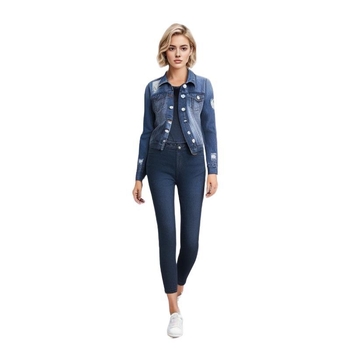 Denim košulja s dugim rukavima, četvrtasti ovratnik, uski kroj, mješavina poliester-bavlna 50-70%, kopčanje na jedan gumb