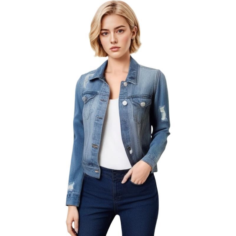 Denim košulja s dugim rukavima, četvrtasti ovratnik, uski kroj, mješavina poliester-bavlna 50-70%, kopčanje na jedan gumb