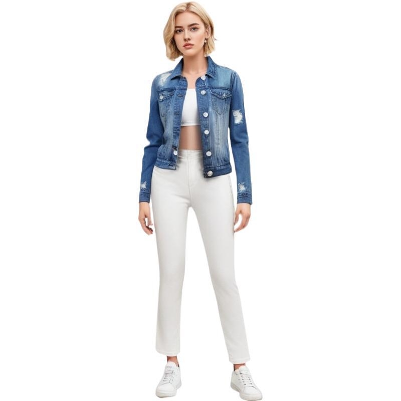 Denim košulja s dugim rukavima, četvrtasti ovratnik, uski kroj, mješavina poliester-bavlna 50-70%, kopčanje na jedan gumb