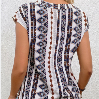Boemska bluza s netopirskim rukavom i V-izrezom, poliester 95%+, prugasti uzorak, pulover, kratki rukavi, duljina 50–65 cm