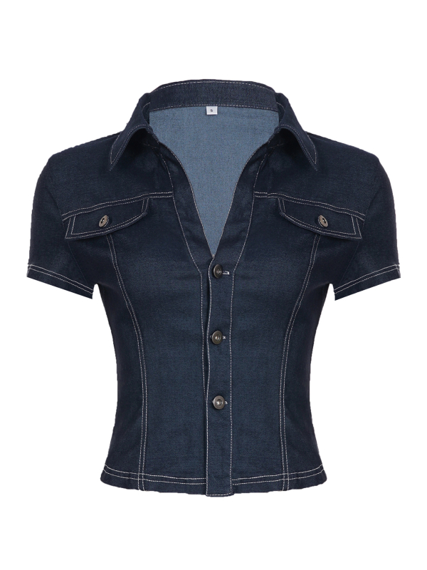 Cămașă, stil american retro de stradă, mânecă scurtă, decolteu în V, croială Slim