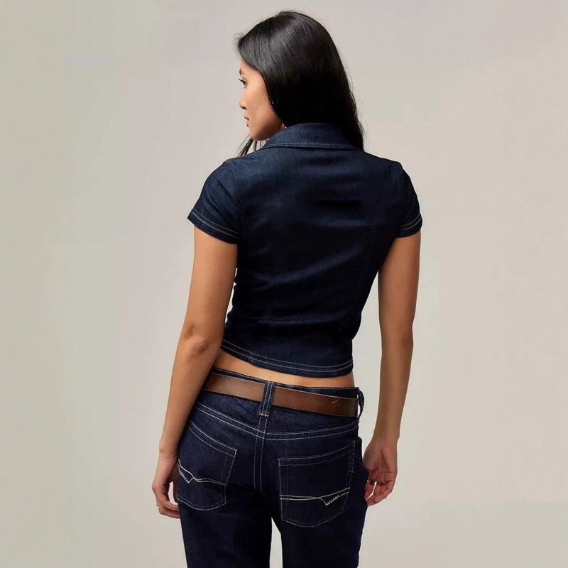 Cămașă, stil american retro de stradă, mânecă scurtă, decolteu în V, croială Slim