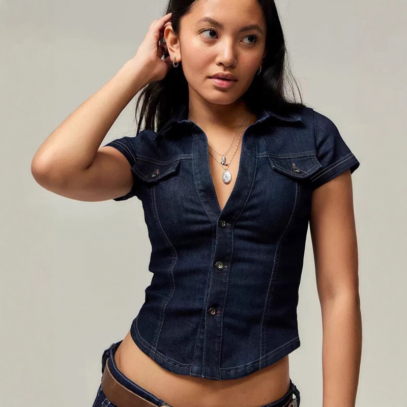 Cămașă, stil american retro de stradă, mânecă scurtă, decolteu în V, croială Slim