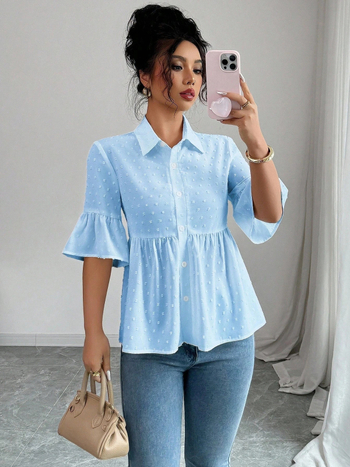 Jednobojna košulja kratkih rukava s naborima i detaljima patchworka, casual stil