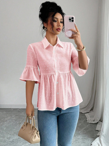 Jednobojna košulja kratkih rukava s naborima i detaljima patchworka, casual stil