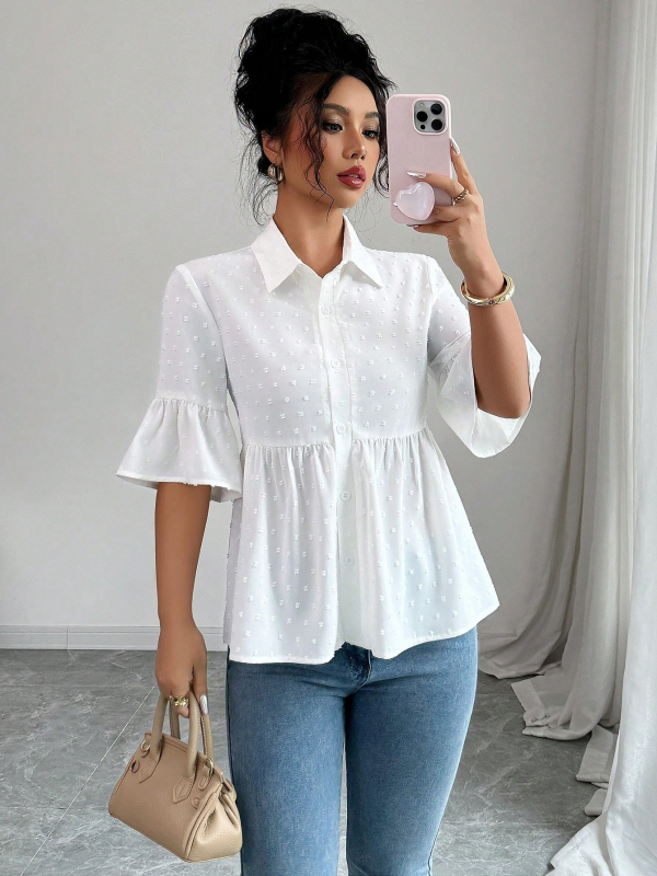 Jednobojna košulja kratkih rukava s naborima i detaljima patchworka, casual stil