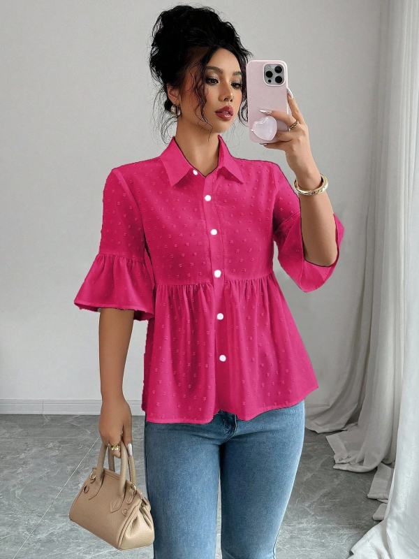 Jednobojna košulja kratkih rukava s naborima i detaljima patchworka, casual stil