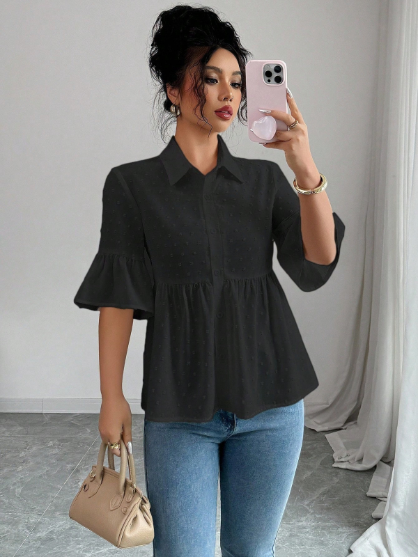 Jednobojna košulja kratkih rukava s naborima i detaljima patchworka, casual stil