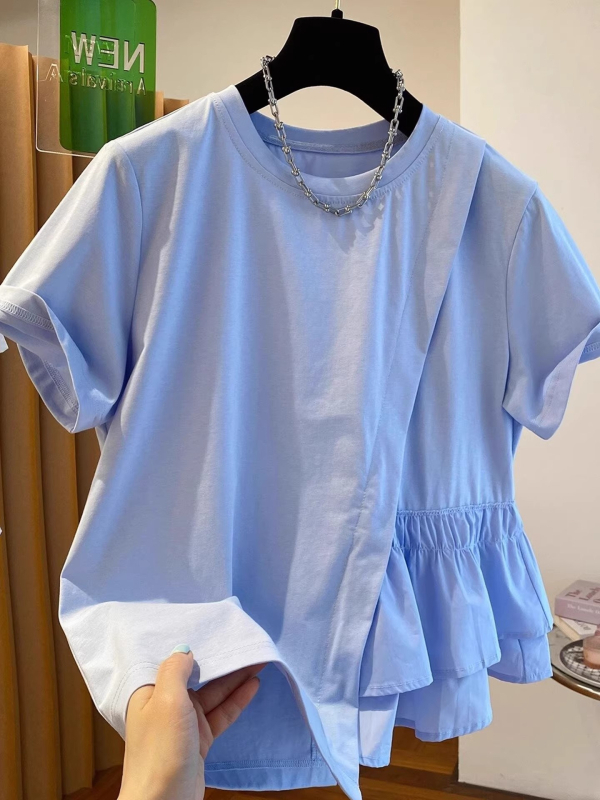 Majica s nepravilnim desnim ramenom, kratki rukav, dizajn s panelima, uski kroj, poliester smjesa 50-70%