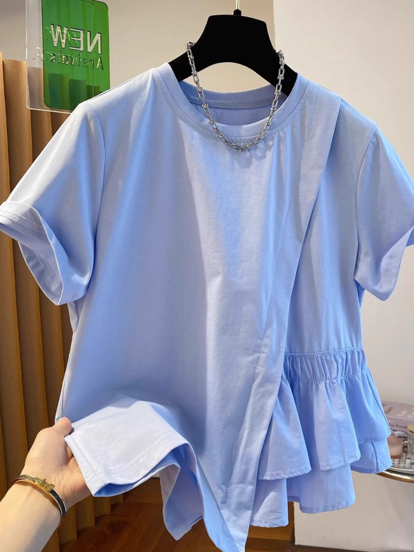 Majica s nepravilnim desnim ramenom, kratki rukav, dizajn s panelima, uski kroj, poliester smjesa 50-70%