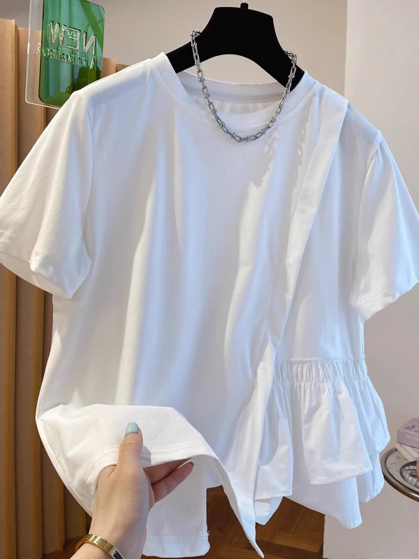 Majica s nepravilnim desnim ramenom, kratki rukav, dizajn s panelima, uski kroj, poliester smjesa 50-70%