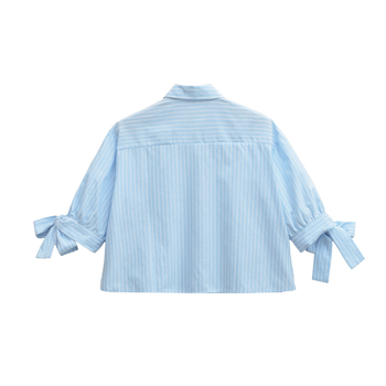 Ženska košulja, europski/američki stil, mašna i prugasti uzorak, kolage šivanje, polo ovratnik, kratki rukavi, poliester, kratka duljina (40–50 cm).