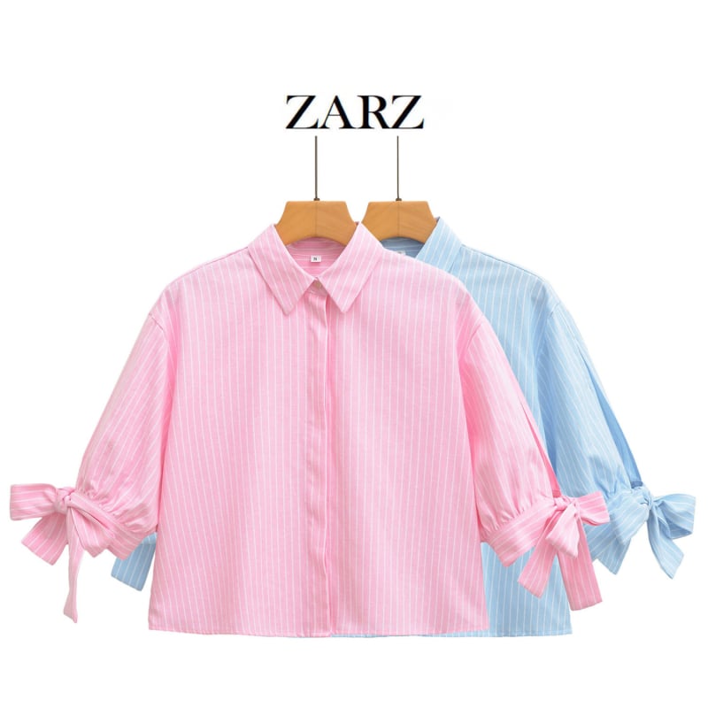 Ženska košulja, europski/američki stil, mašna i prugasti uzorak, kolage šivanje, polo ovratnik, kratki rukavi, poliester, kratka duljina (40–50 cm).