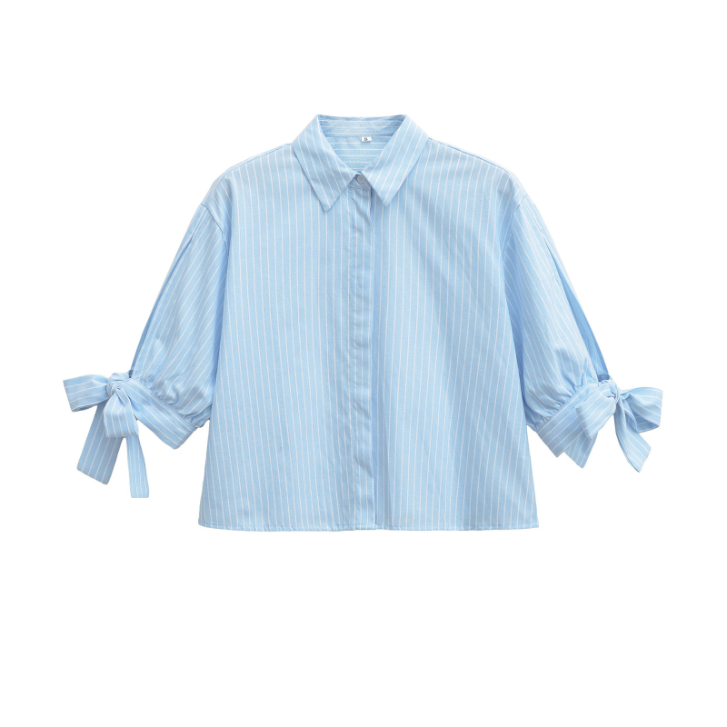 Ženska košulja, europski/američki stil, mašna i prugasti uzorak, kolage šivanje, polo ovratnik, kratki rukavi, poliester, kratka duljina (40–50 cm).