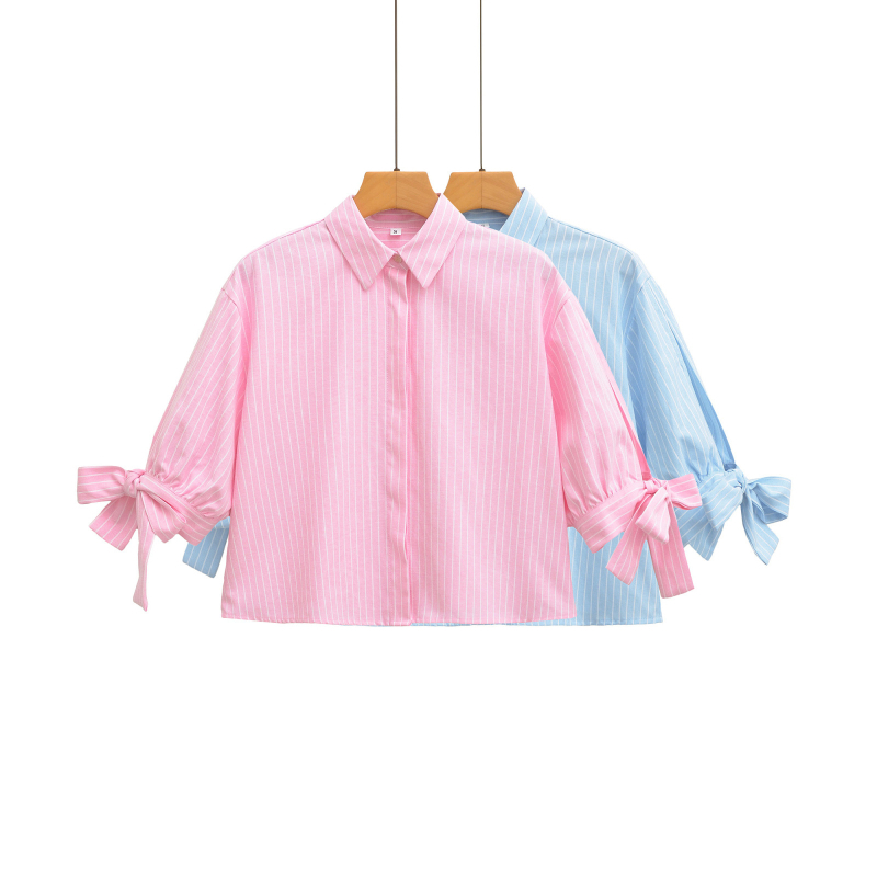 Ženska košulja, europski/američki stil, mašna i prugasti uzorak, kolage šivanje, polo ovratnik, kratki rukavi, poliester, kratka duljina (40–50 cm).