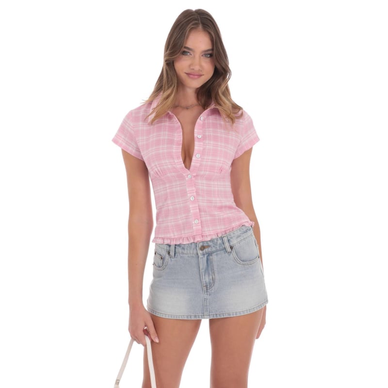 Cămașă cu model în carouri, guler polo, mâneci scurte, croială slim, imprimare digitală