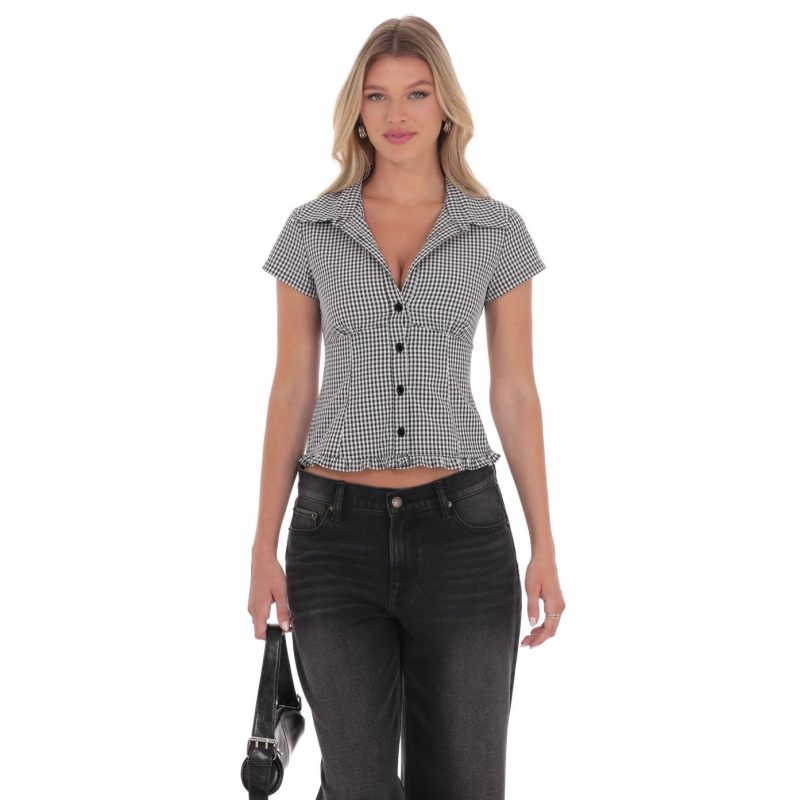 Cămașă cu model în carouri, guler polo, mâneci scurte, croială slim, imprimare digitală