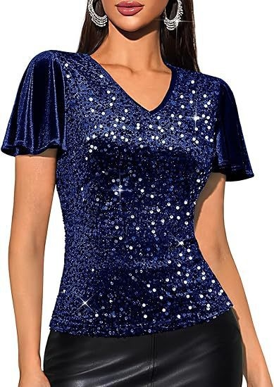 Bluza s V izrezom, zvonasti rukavi, poliester-spandeks materijal, zlatna folija otisak