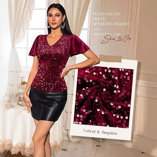 Bluza s V izrezom, zvonasti rukavi, poliester-spandeks materijal, zlatna folija otisak