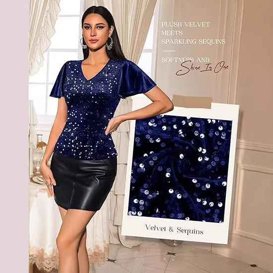 Bluza s V izrezom, zvonasti rukavi, poliester-spandeks materijal, zlatna folija otisak