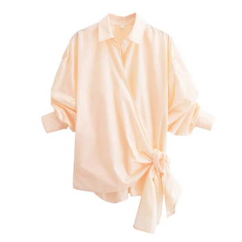 Дамски топ с панделка, свободна кройка, къс ръкав, яка тип лапел, полиестер 95%+