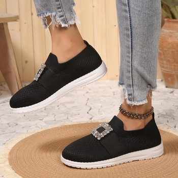 Ženske Slip-On tenisice Fly-knit s kvadratnom kopčom i kristalima, prozračan mrežasti gornji dio, niski potplat, gumena potplat