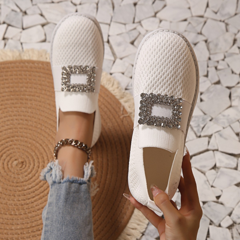 Ženske Slip-On tenisice Fly-knit s kvadratnom kopčom i kristalima, prozračan mrežasti gornji dio, niski potplat, gumena potplat