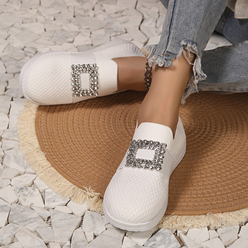 Ženske Slip-On tenisice Fly-knit s kvadratnom kopčom i kristalima, prozračan mrežasti gornji dio, niski potplat, gumena potplat