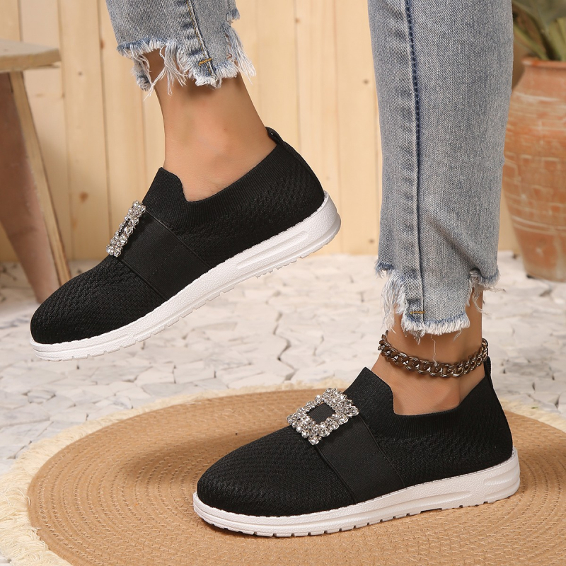 Ženske Slip-On tenisice Fly-knit s kvadratnom kopčom i kristalima, prozračan mrežasti gornji dio, niski potplat, gumena potplat