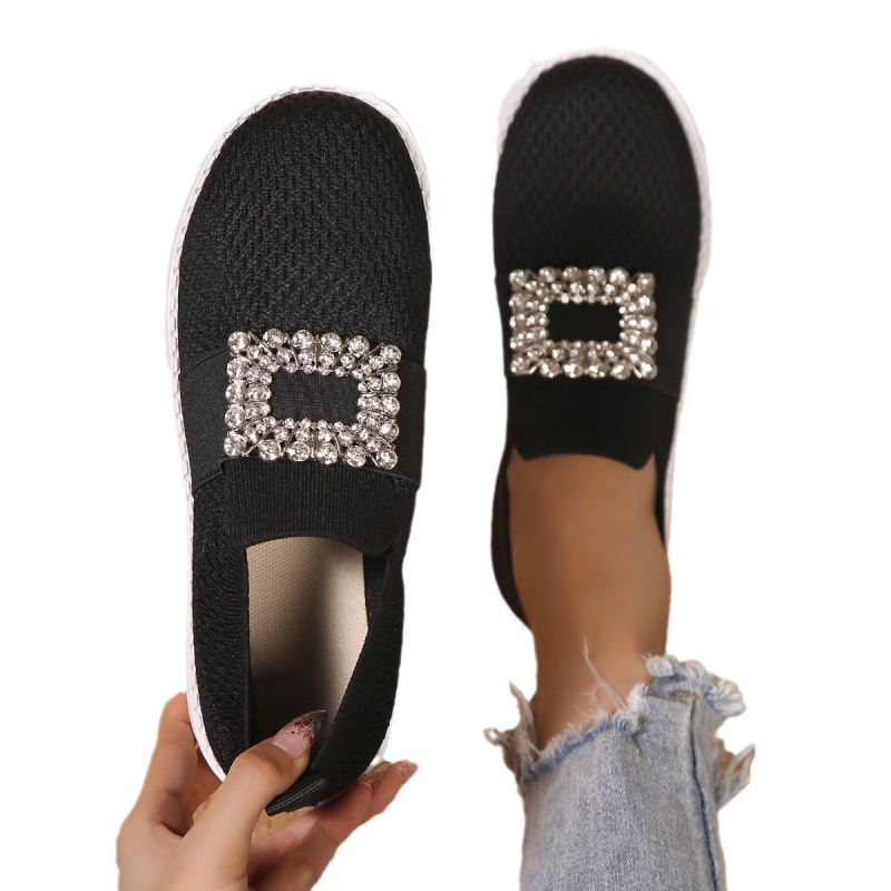 Ženske Slip-On tenisice Fly-knit s kvadratnom kopčom i kristalima, prozračan mrežasti gornji dio, niski potplat, gumena potplat