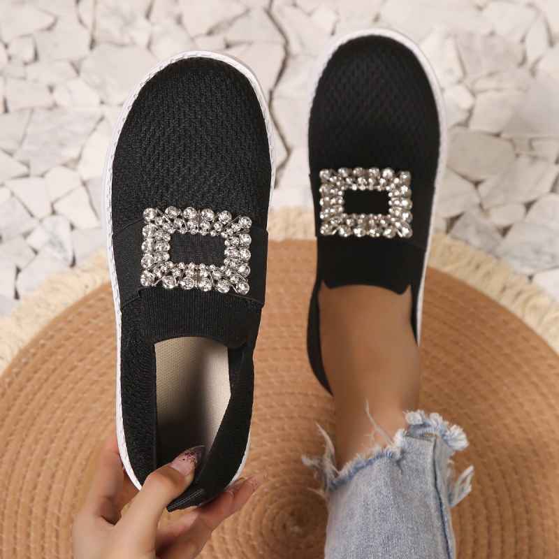 Ženske Slip-On tenisice Fly-knit s kvadratnom kopčom i kristalima, prozračan mrežasti gornji dio, niski potplat, gumena potplat