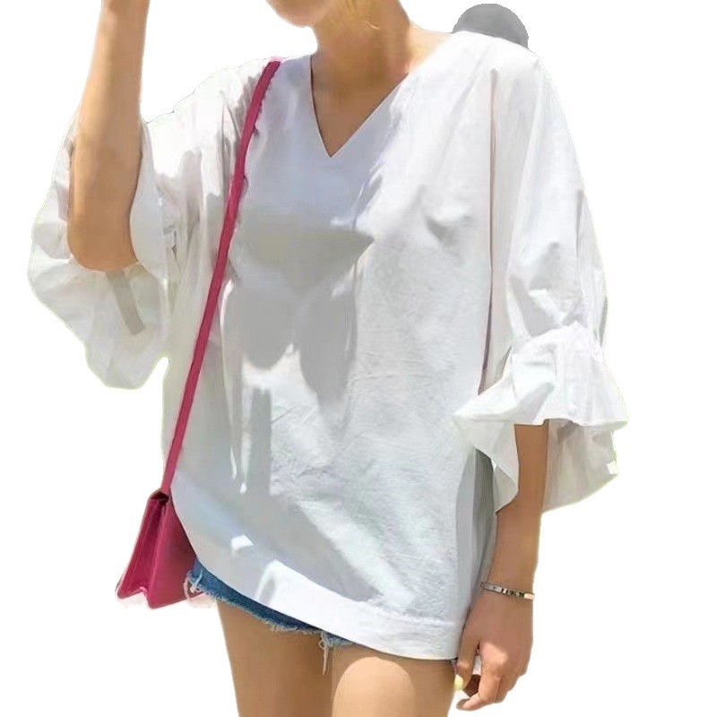 Košulja slobodnog kroja, japansko-korejski casual stil, V-izrez, lantern rukave, baby-doll silueta