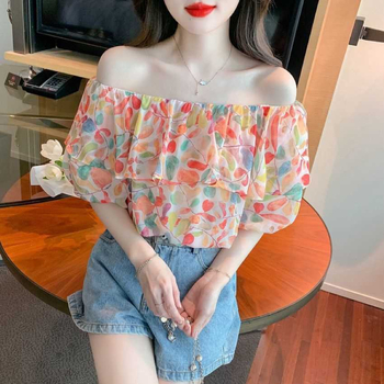 Ženska šifon bluza s otvorenim ramenima i nabranim kratkim rukavima, poliester 50-70%