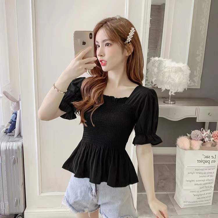 Ženska šifon bluza s otvorenim ramenima i nabranim kratkim rukavima, poliester 50-70%