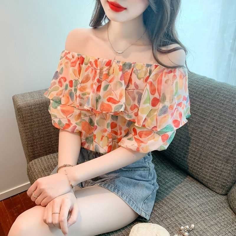 Ženska šifon bluza s otvorenim ramenima i nabranim kratkim rukavima, poliester 50-70%